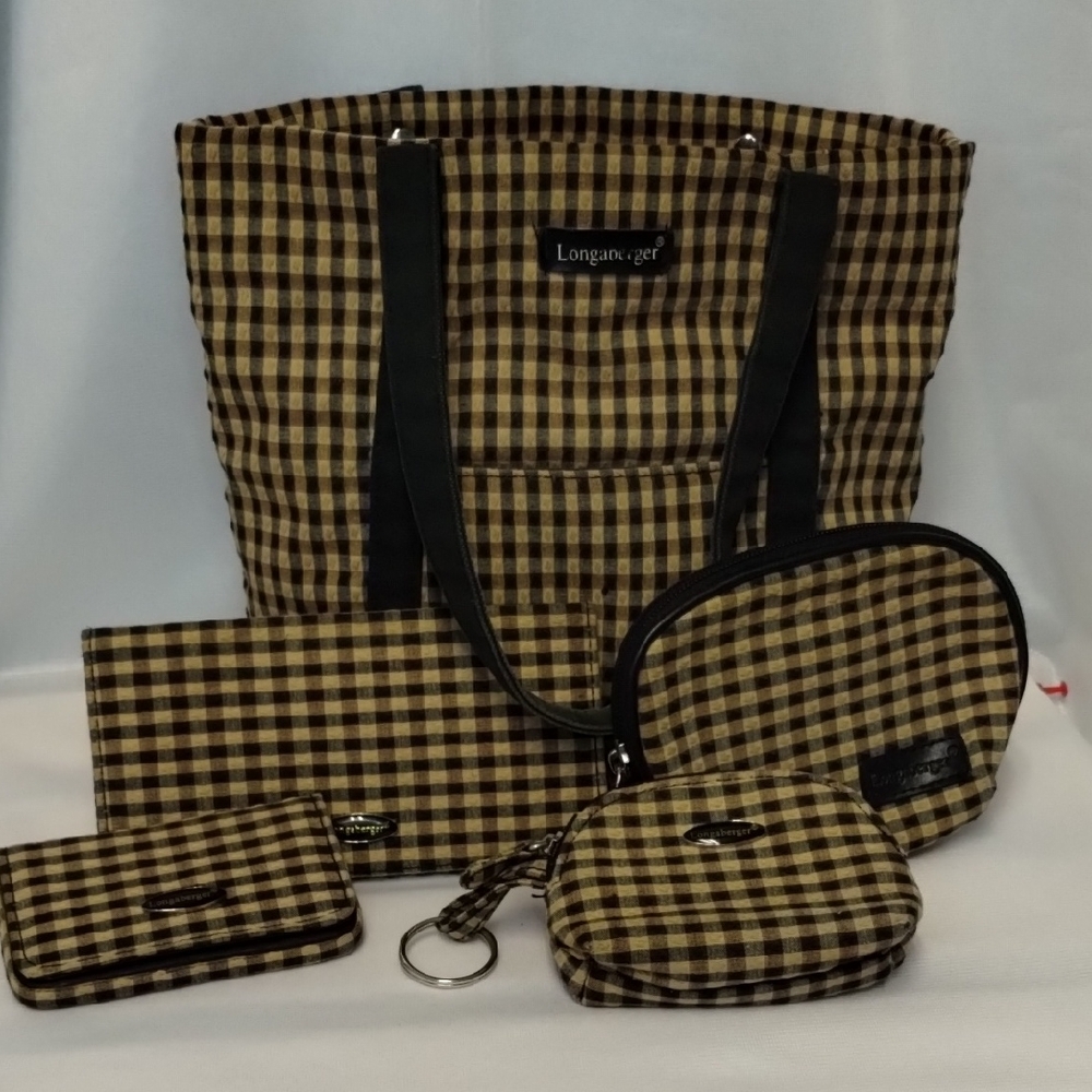 Longaberger Brown Checkered Bag Set